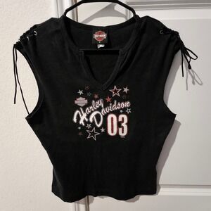 Harley Davidson 2003 Women's Black Sleeveless V Neck Lace Up Shoulder T Shirt L